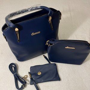 Ainuoer Navy Blue purse w/gold accent.  Accessory bags included 13"x10"x5" New